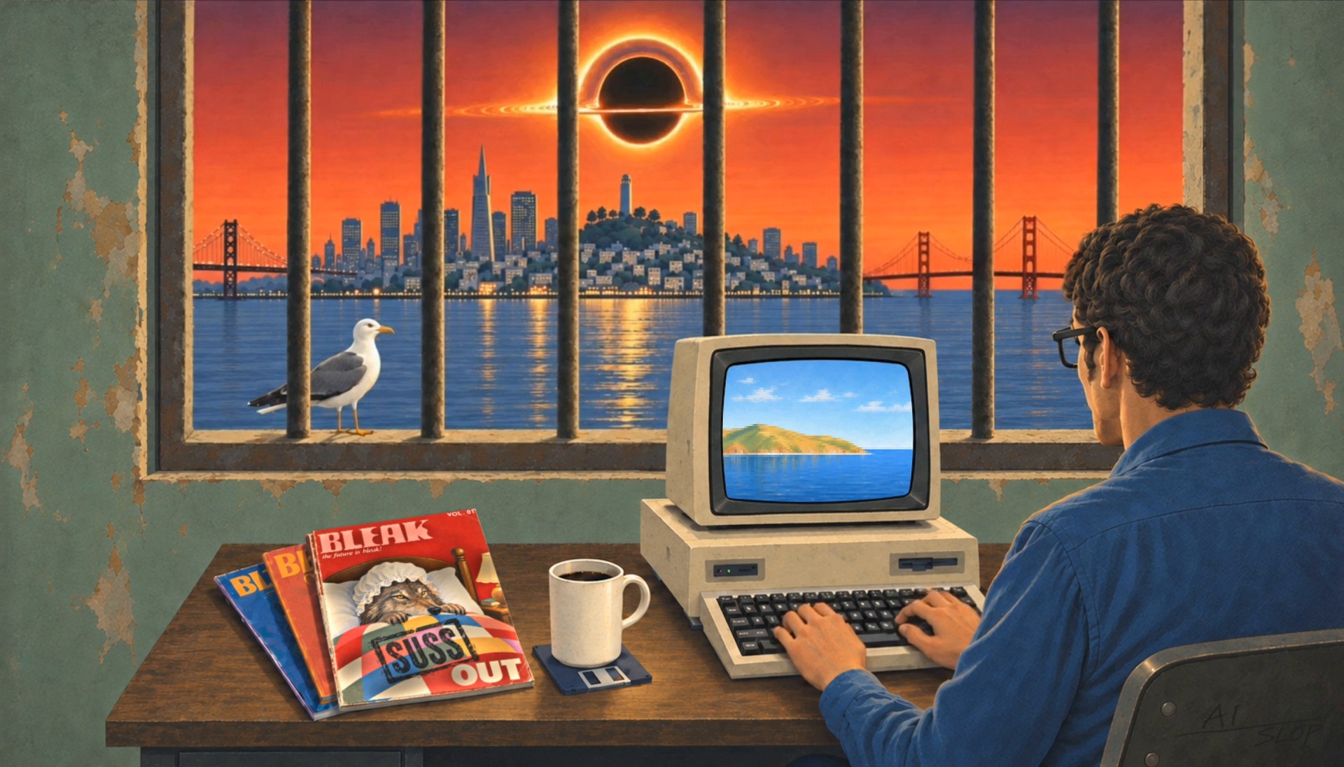 A painted scene: a man types at a vintage computer in an Alcatraz cell, San Francisco and a ringed black hole visible through the barred window. On the desk, issues of BLEAK magazine.